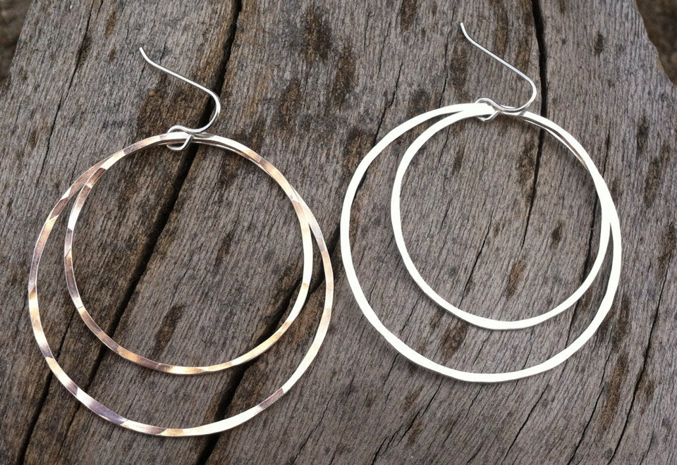 Large Silver Double Hoop Earrings | Silver Hoop Earrings | Boho Hoops | Hammered Hoops | Handmade Silver Earrings | Open Hoops | Lightweight Earrings