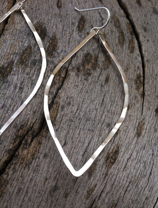Silver Leaf Earrings | Leaf Earrings | Hammered Hoops | Botanical Jewelry | Nature Earrings | Lightweight Earrings | Open Leaf | Marquise Earrings