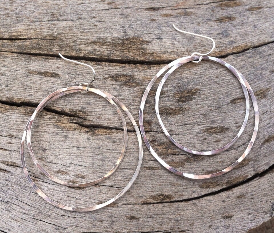 Large Silver Double Hoop Earrings | Silver Hoop Earrings | Boho Hoops | Hammered Hoops | Handmade Silver Earrings | Open Hoops | Lightweight Earrings