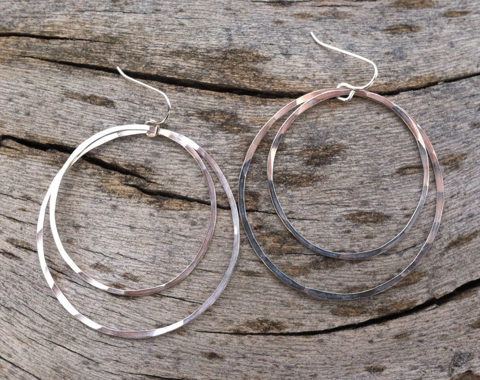 Large Silver Double Hoop Earrings | Silver Hoop Earrings | Boho Hoops | Hammered Hoops | Handmade Silver Earrings | Open Hoops | Lightweight Earrings