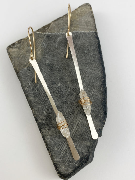 Mixed Metal Herkimer Diamond Bar Earrings | Boho Earrings | Hammered Earrings | Bar Earrings | Birthstone Earrings | April Birthstone | Natural Diamond Earrings