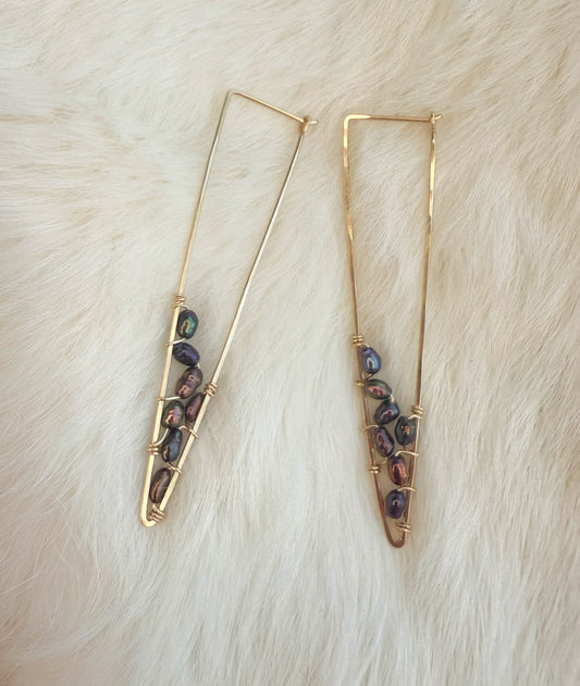Gold Triangle Hoops with Woven Rainbow Pearls