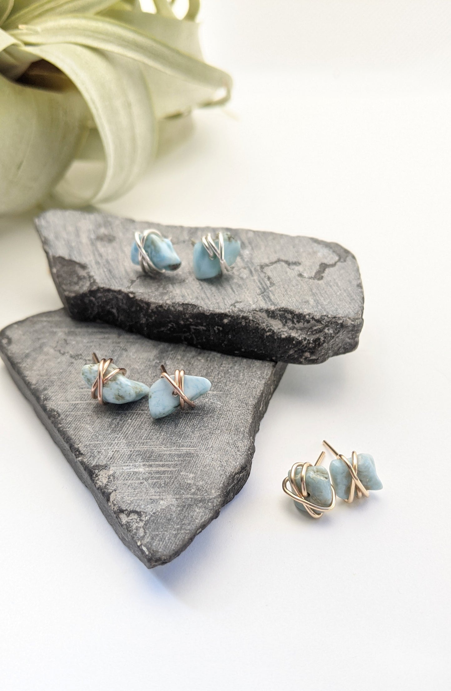 Gold Wrapped Larimar Stud Earrings | Boho Studs | Gemstone Posts | Dainty Earrings | Minimalist Earrings | Crystal Earrings | Healing Crystals
