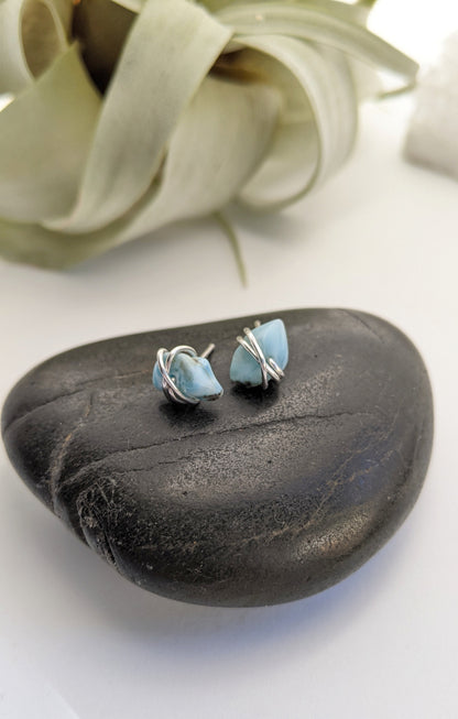 Silver Wrapped Larimar Stud Earrings | Boho Studs | Gemstone Posts | Dainty Earrings | Minimalist Earrings | Crystal Earrings | Healing Crystals