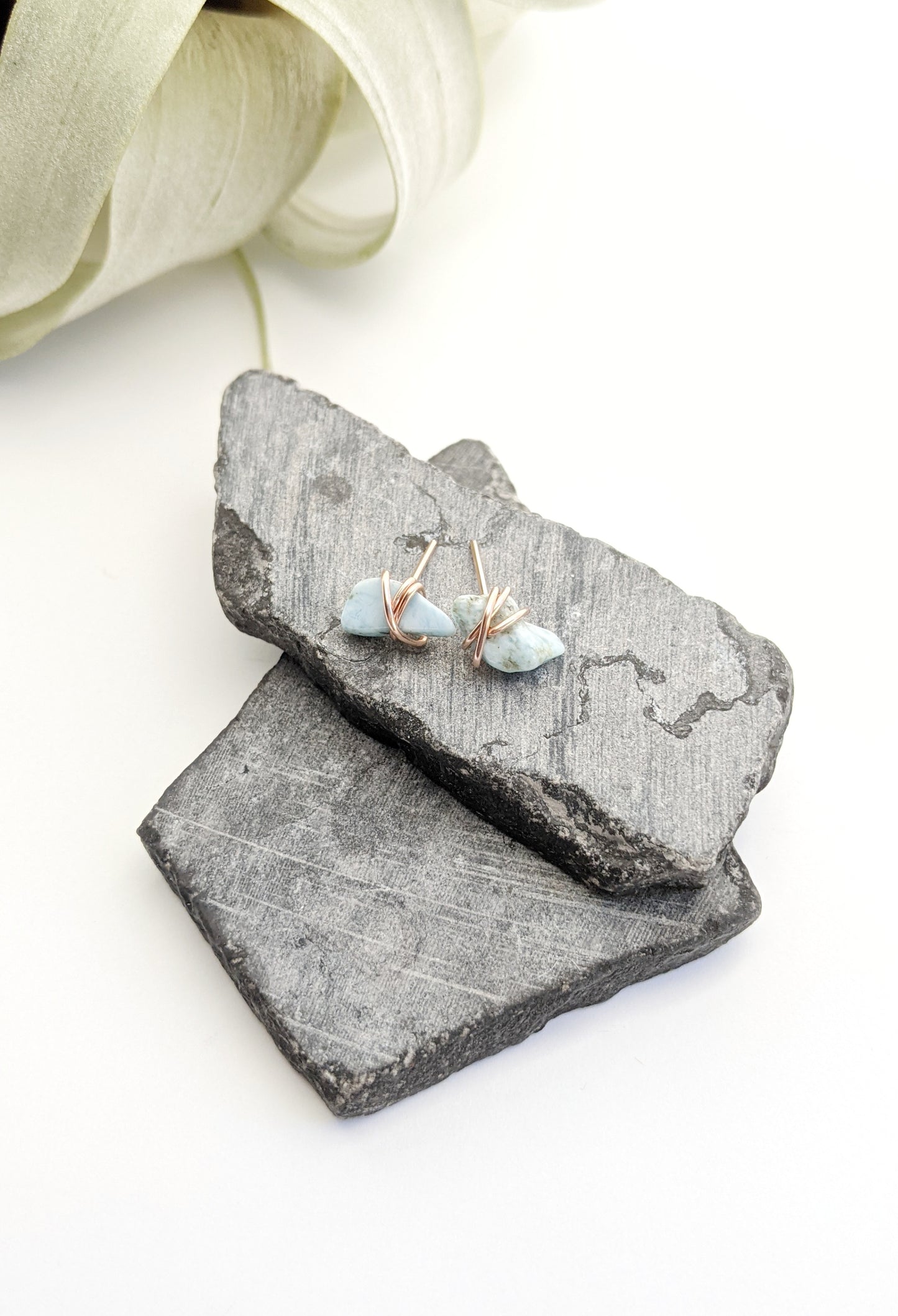 Rose Gold Wrapped Larimar Stud Earrings | Boho Studs | Gemstone Posts | Dainty Earrings | Minimalist Earrings | Crystal Earrings | Healing Crystals