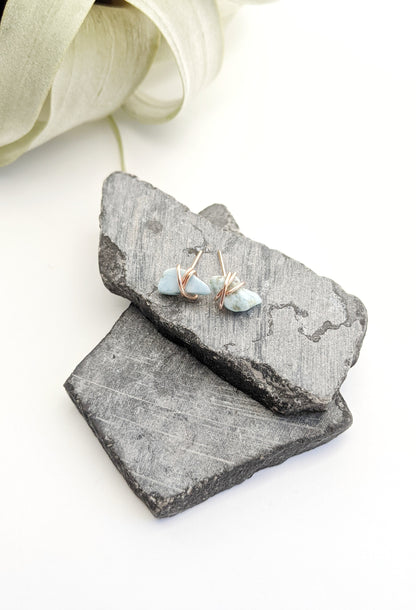 Rose Gold Wrapped Larimar Stud Earrings | Boho Studs | Gemstone Posts | Dainty Earrings | Minimalist Earrings | Crystal Earrings | Healing Crystals