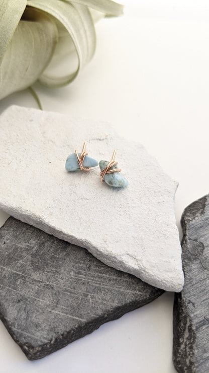 Rose Gold Wrapped Larimar Stud Earrings | Boho Studs | Gemstone Posts | Dainty Earrings | Minimalist Earrings | Crystal Earrings | Healing Crystals