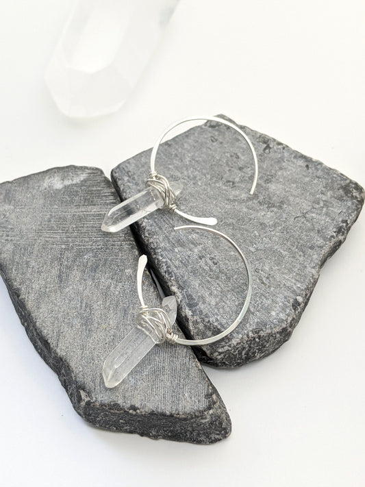 Silver Crystal Spike Hoops | Crystal Earrings | Boho Hoops | Healing Crystals | Dainty Earrings | Hammered Earrings | Edgy Earrings | Modern Earrings | Hoop Earrings
