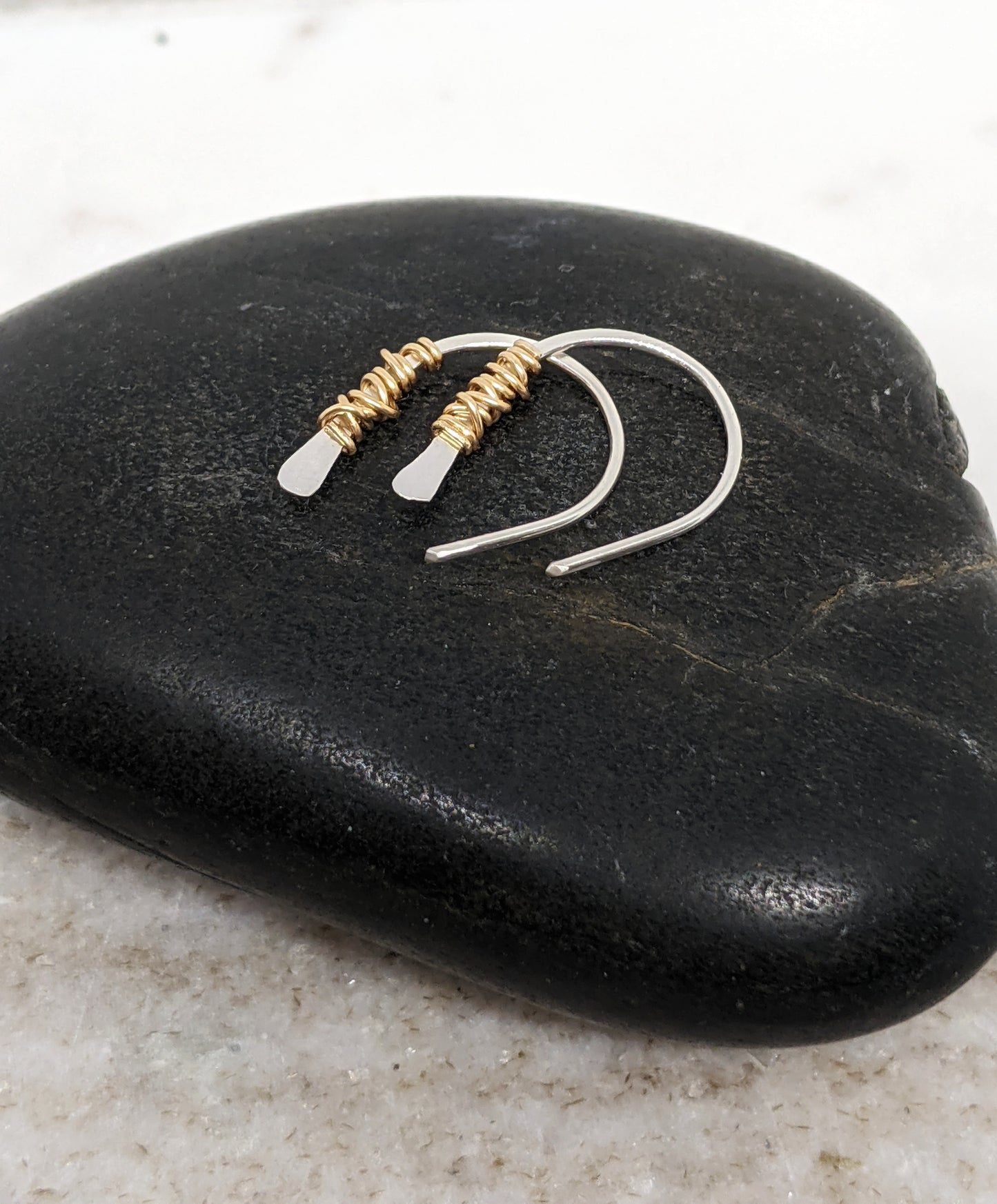 Silver Horseshoe Threader with 14k Gold Wrap | Huggie Hoops | Dainty Earrings | Tiny Earrings | Small Boho Earrings | Mini Earrings | Open Hoop | Horseshoe Earrings