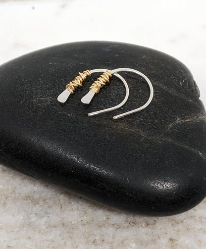 Silver Horseshoe Threader with 14k Gold Wrap | Huggie Hoops | Dainty Earrings | Tiny Earrings | Small Boho Earrings | Mini Earrings | Open Hoop | Horseshoe Earrings