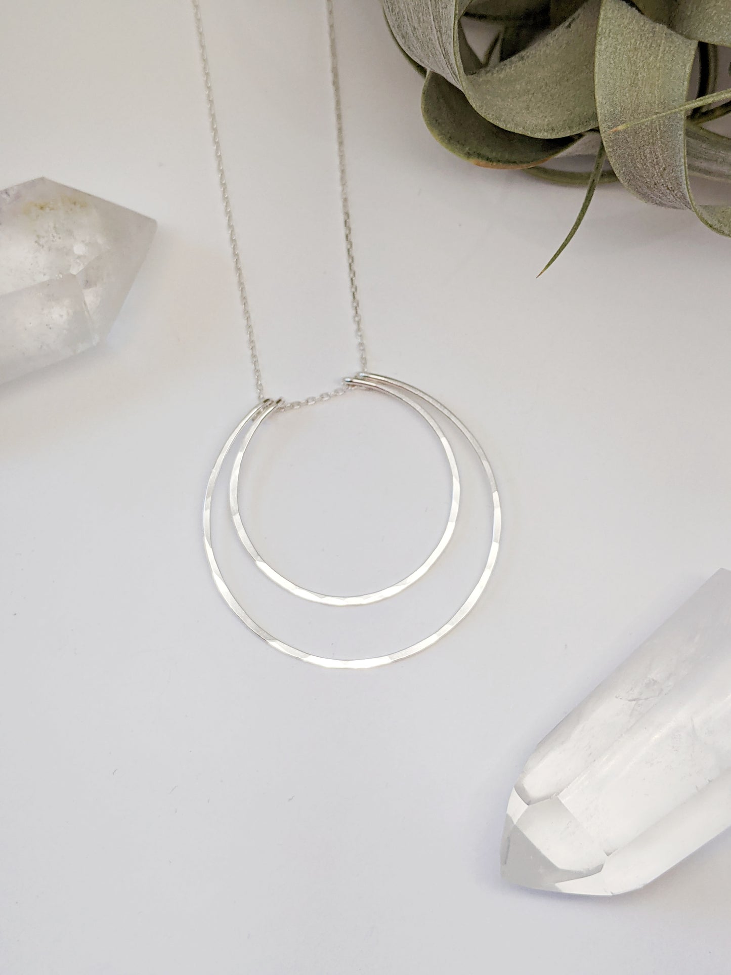 Silver Crescent Moon Necklace | Boho Moon Necklace | Celestial Jewelry | Open Circles Pendant | Moon Necklace | Hoop Necklace | Hammered Pendant | Sterling Silver