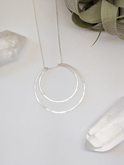 Silver Crescent Moon Necklace | Boho Moon Necklace | Celestial Jewelry | Open Circles Pendant | Moon Necklace | Hoop Necklace | Hammered Pendant | Sterling Silver