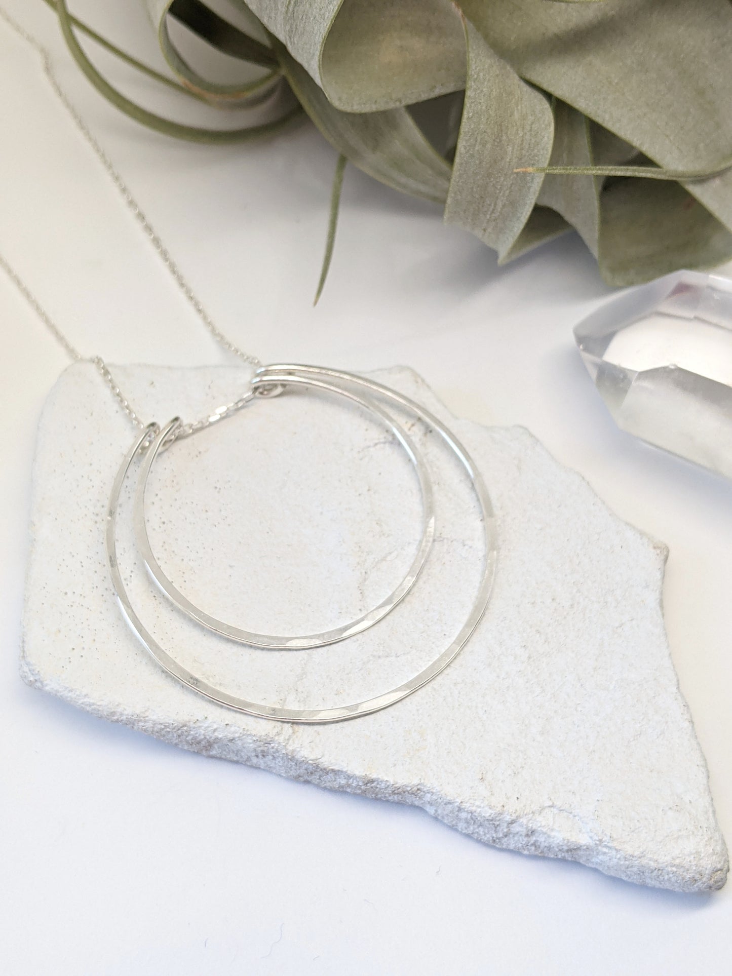 Silver Crescent Moon Necklace | Boho Moon Necklace | Celestial Jewelry | Open Circles Pendant | Moon Necklace | Hoop Necklace | Hammered Pendant | Sterling Silver