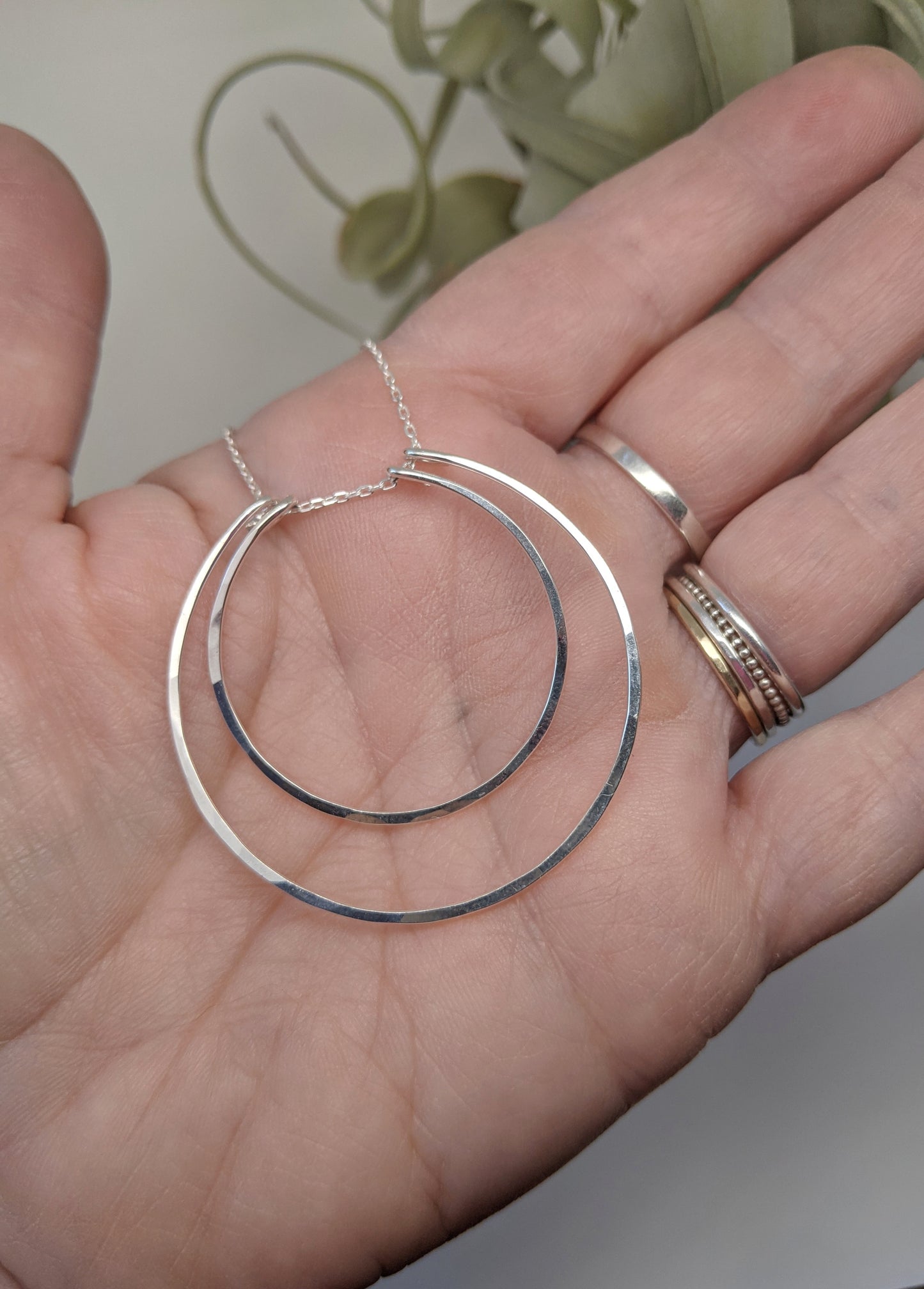 Silver Crescent Moon Necklace | Boho Moon Necklace | Celestial Jewelry | Open Circles Pendant | Moon Necklace | Hoop Necklace | Hammered Pendant | Sterling Silver