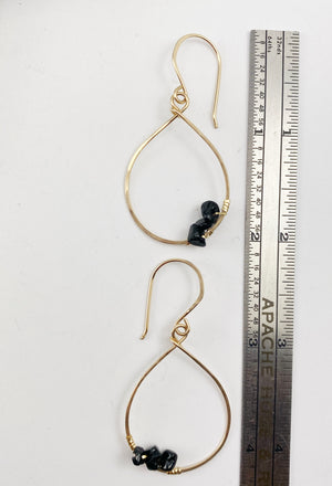 14K Gold Teardrop Hoop Earrings Wrapped with Onyx