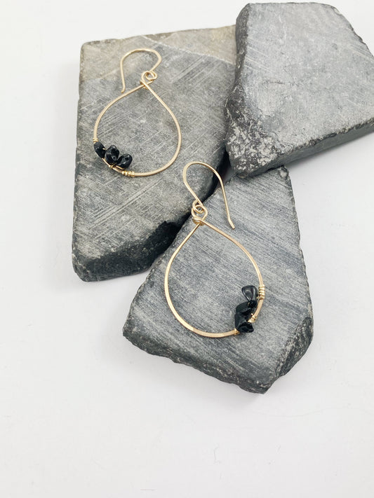 Gold Onyx Teardrop Hoop Earrings | Teardrop Hoops | Geometric Earrings | Minimalist Earrings | Hammered Hoops | Gemstone Jewelry | 14 K Gold Fill