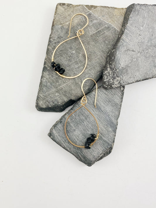Gold Onyx Teardrop Hoop Earrings | Teardrop Hoops | Geometric Earrings | Minimalist Earrings | Hammered Hoops | Gemstone Jewelry | 14 K Gold Fill