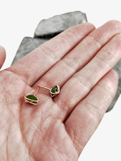 14K Rose Gold Wrapped Jade Stud Earrings, Gemstone earrings, jade earrings, March birthstone, stone jewelry
