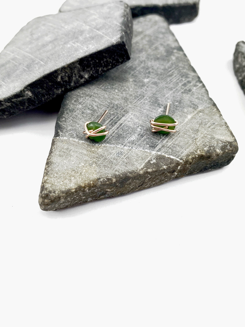 14K Rose Gold Wrapped Jade Stud Earrings, Gemstone earrings, jade earrings, March birthstone, stone jewelry