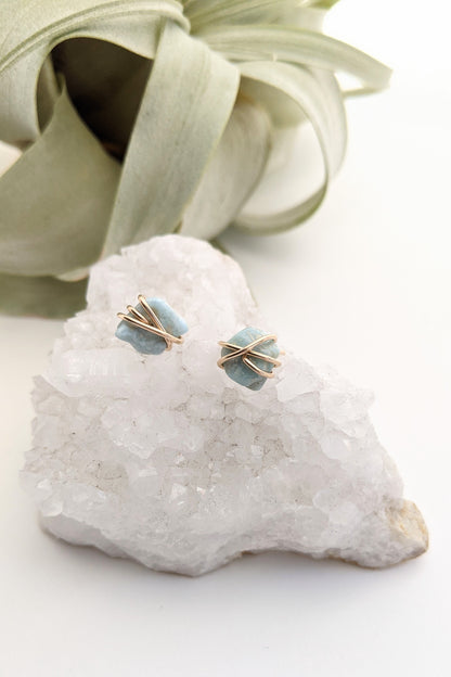 Gold Wrapped Larimar Stud Earrings | Boho Studs | Gemstone Posts | Dainty Earrings | Minimalist Earrings | Crystal Earrings | Healing Crystals