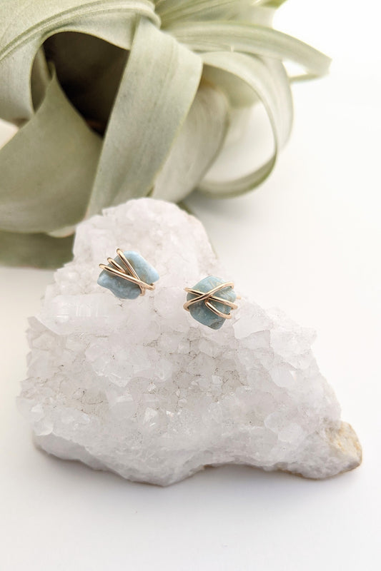 Gold Wrapped Larimar Stud Earrings | Boho Studs | Gemstone Posts | Dainty Earrings | Minimalist Earrings | Crystal Earrings | Healing Crystals