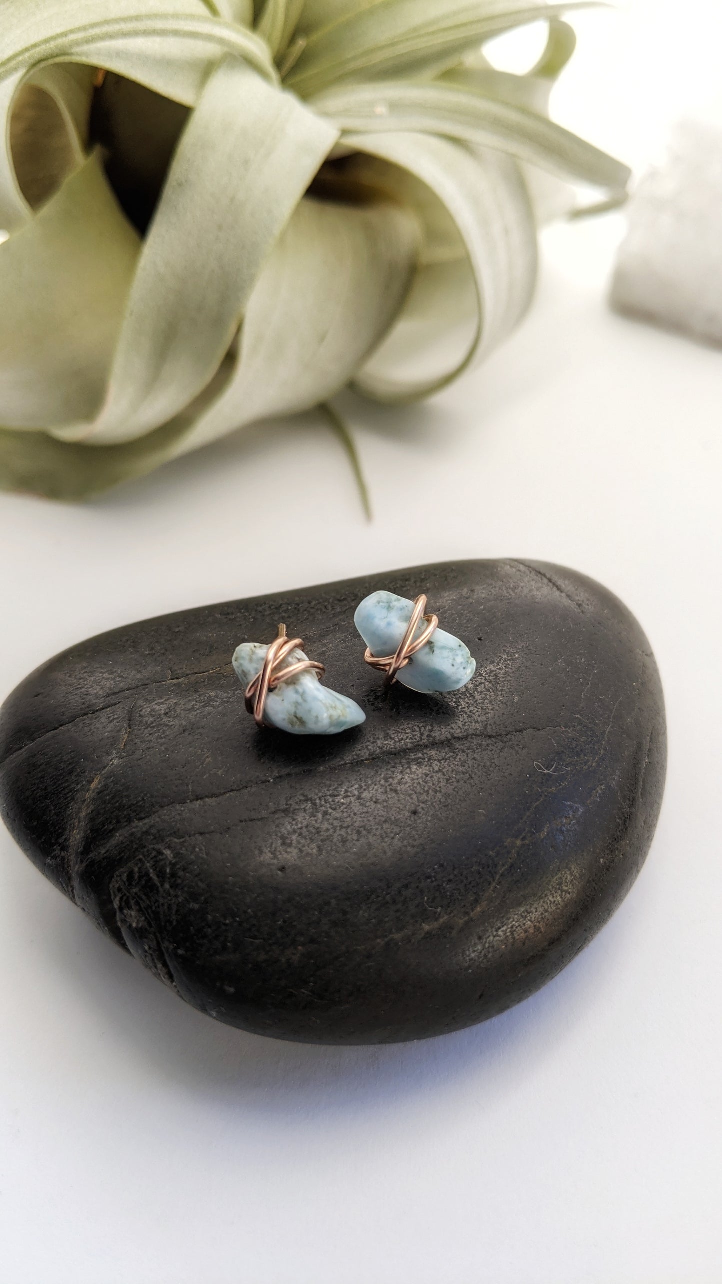 Rose Gold Wrapped Larimar Stud Earrings | Boho Studs | Gemstone Posts | Dainty Earrings | Minimalist Earrings | Crystal Earrings | Healing Crystals