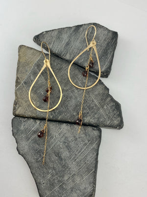 Gold Garnet Teardrop Hoops | Gold Teardrop Earrings | Teardrop Hoops | Geometric Earrings | Garnet Earrings | Minimalist Earrings | Boho Teardrop Earrings | 14 K Gold Fill | Birthstone Jewelry | January Birthday | Birthstone Earrings