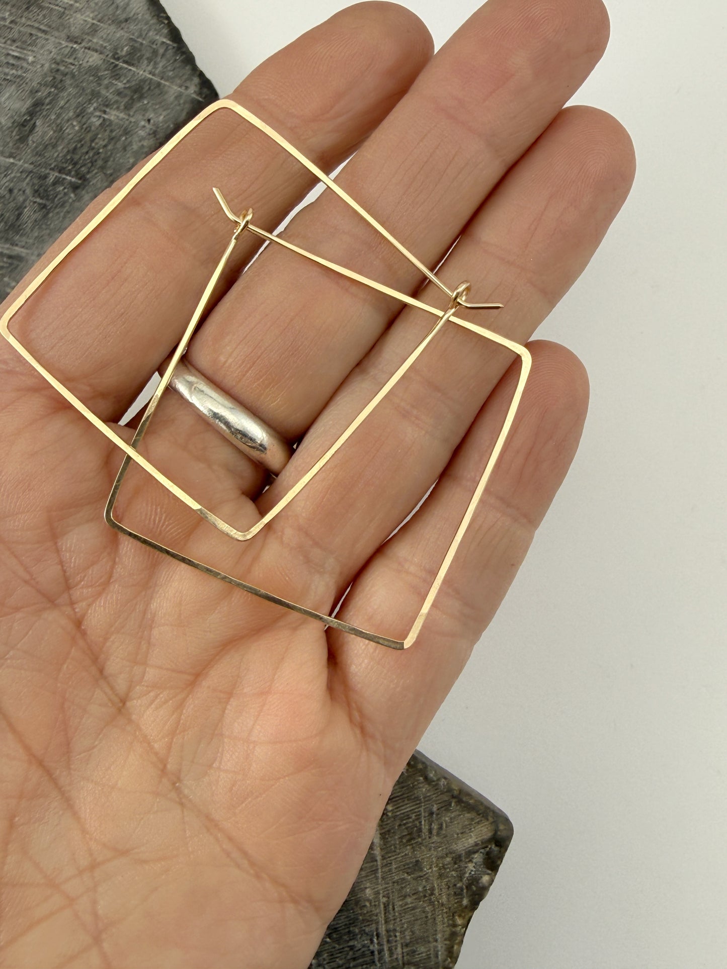 Gold Diamond Hoop Earrings | Boho Hoops | Geometric Earrings | Diamond Shaped Hoops | 14 k Gold Fill | Handmade Hammered Hoops