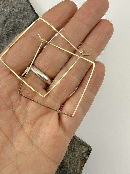 Gold Diamond Hoop Earrings | Boho Hoops | Geometric Earrings | Diamond Shaped Hoops | 14 k Gold Fill | Handmade Hammered Hoops