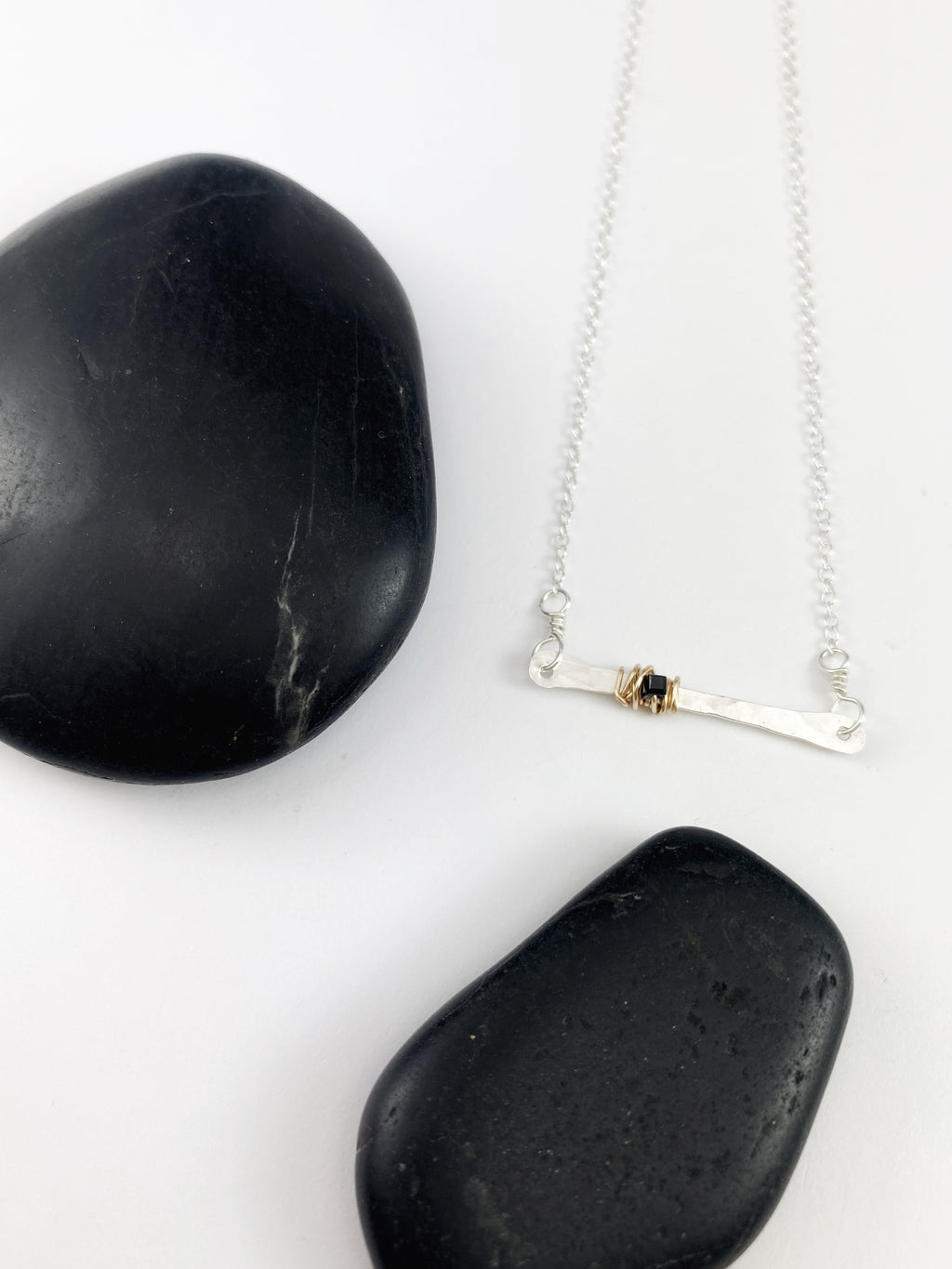 Onyx Bar Necklace with Sterling Silver and 14K Gold