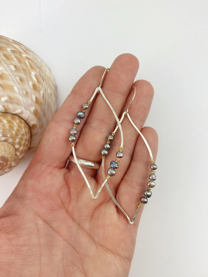 Mixed Metal Leaf Earrings with Platinum Grey Pearls