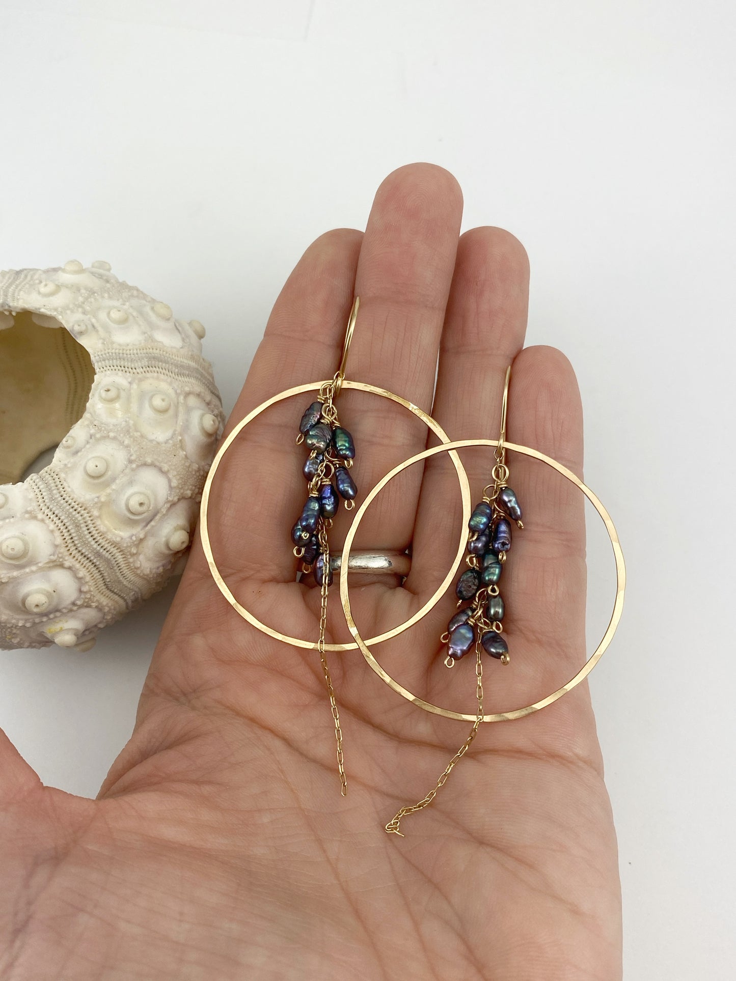 Gold Fringe Hoops with Purple Pearl Clusters