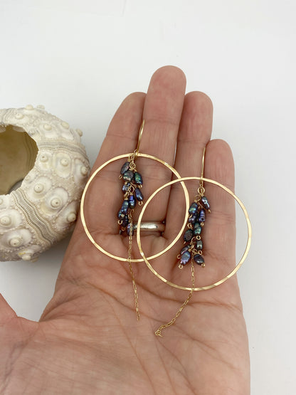 Gold Fringe Hoops with Purple Pearl Clusters