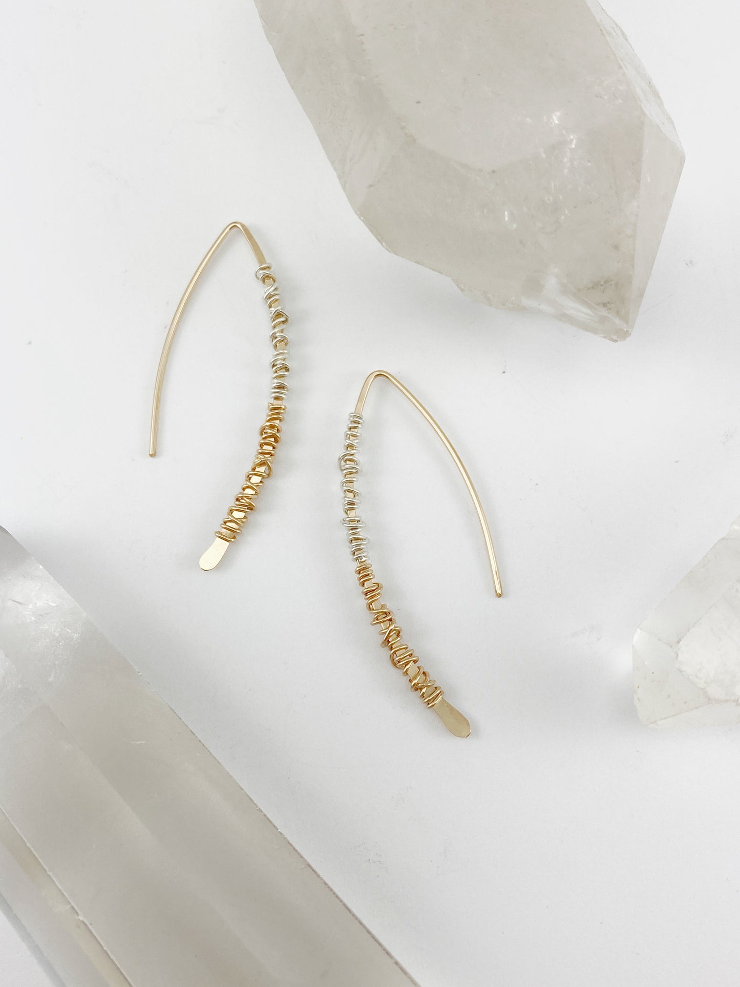 Gold Mixed Metal Pull Through Earrings | Boho Threader Earrings | Minimalist Earrings | Delicate Earrings | Dainty Open Hoops |  Arc Earrings