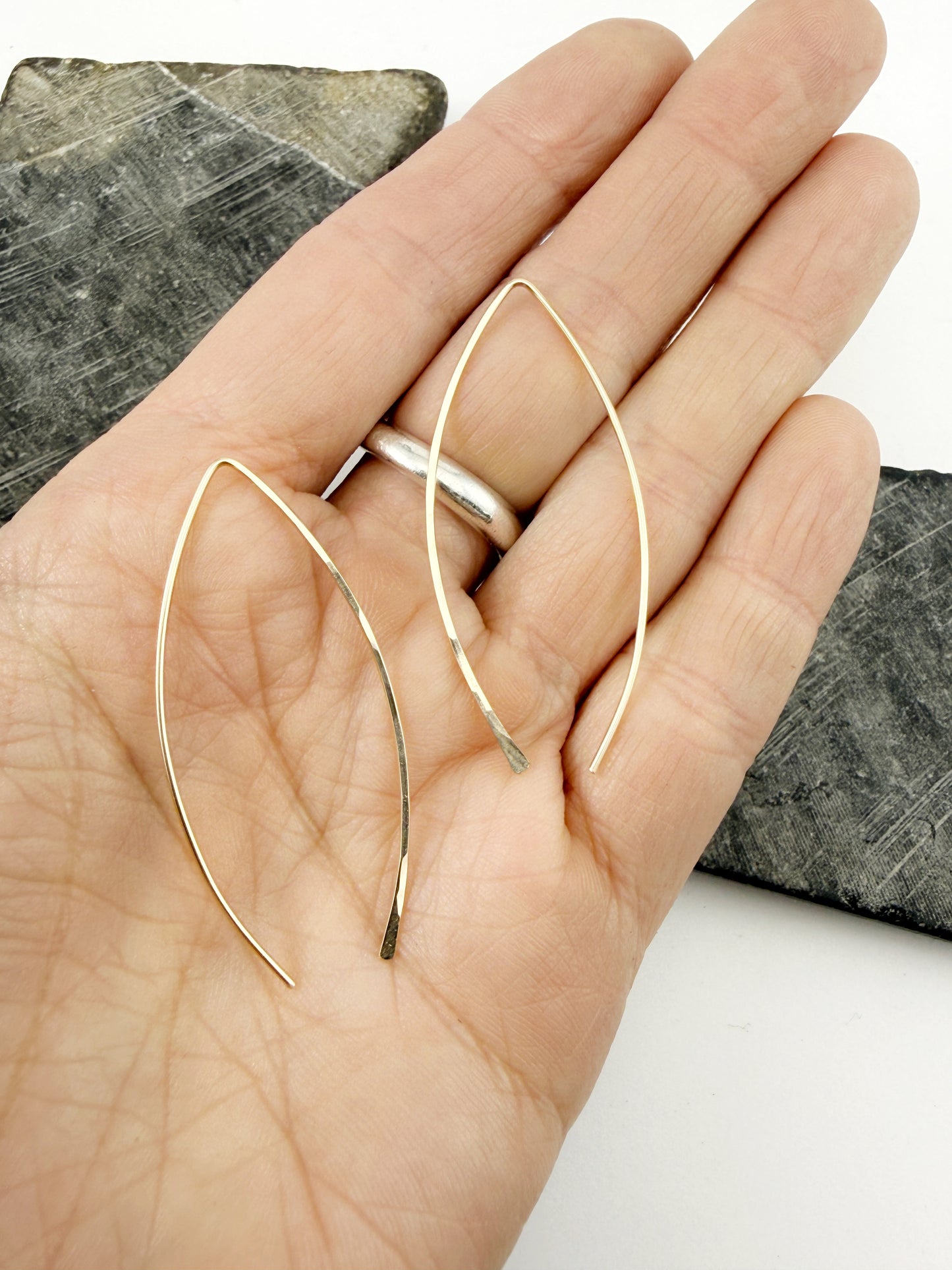 Gold Marquis Threader Earrings | Arc Earrings | Boho Threaders | Gold Pull Through Earrings | 14 k Gold Fill | Handmade Hammered Earrings