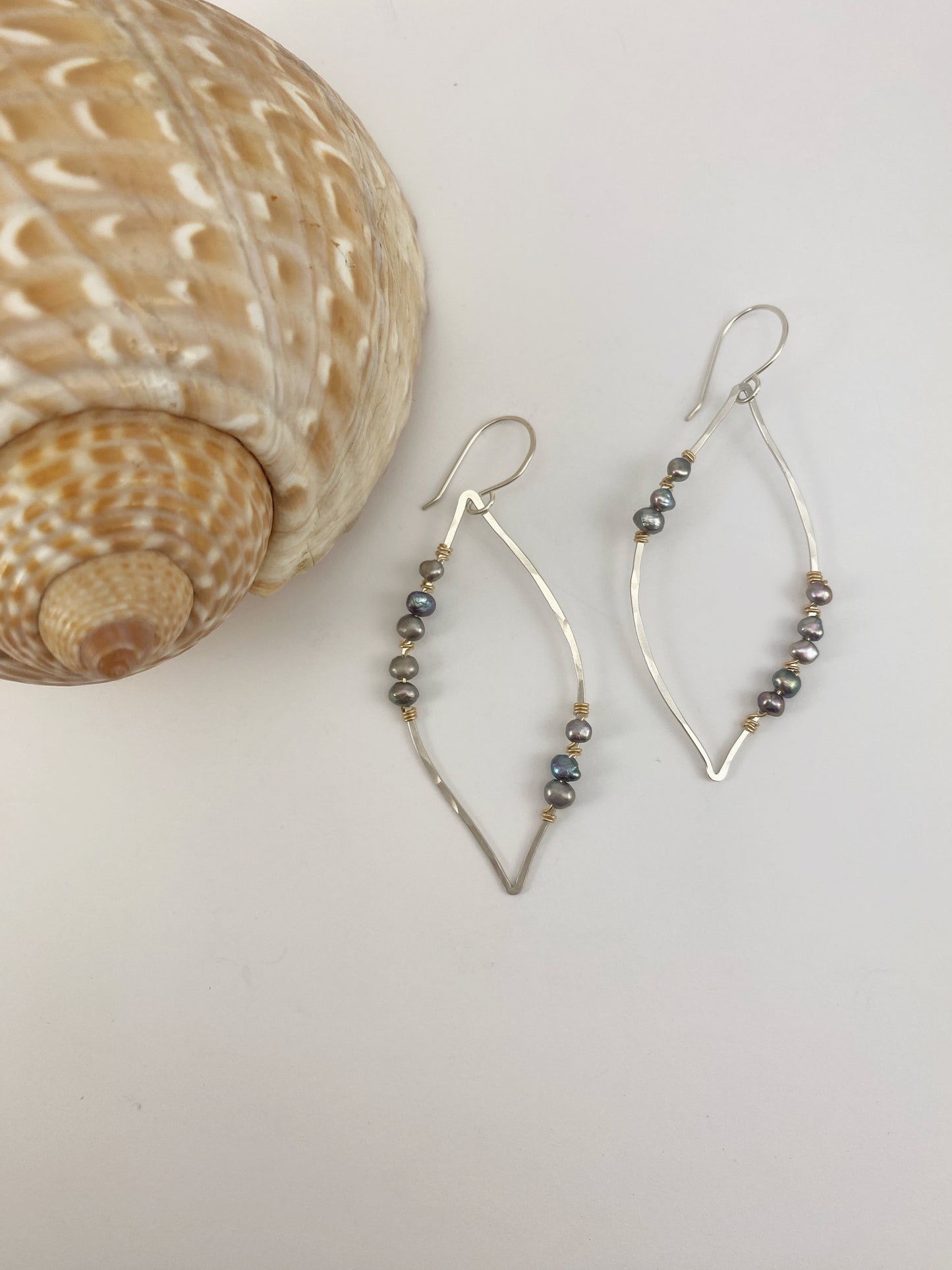 Mixed Metal Leaf Earrings with Platinum Grey Pearls
