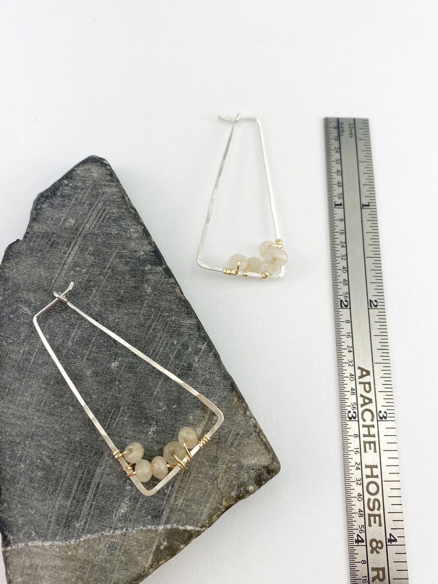 Moonstone Trapezoid Mixed Metal Hoops | Geometric Earrings | Everyday Earrings | Minimalist Earrings | Boho Hoop Earrings | Trapezoid Earrings | Chocolate Moonstone | Mixed Metal Hoops
