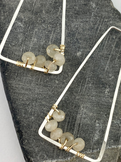 Moonstone Trapezoid Mixed Metal Hoops | Geometric Earrings | Everyday Earrings | Minimalist Earrings | Boho Hoop Earrings | Trapezoid Earrings | Chocolate Moonstone | Mixed Metal Hoops