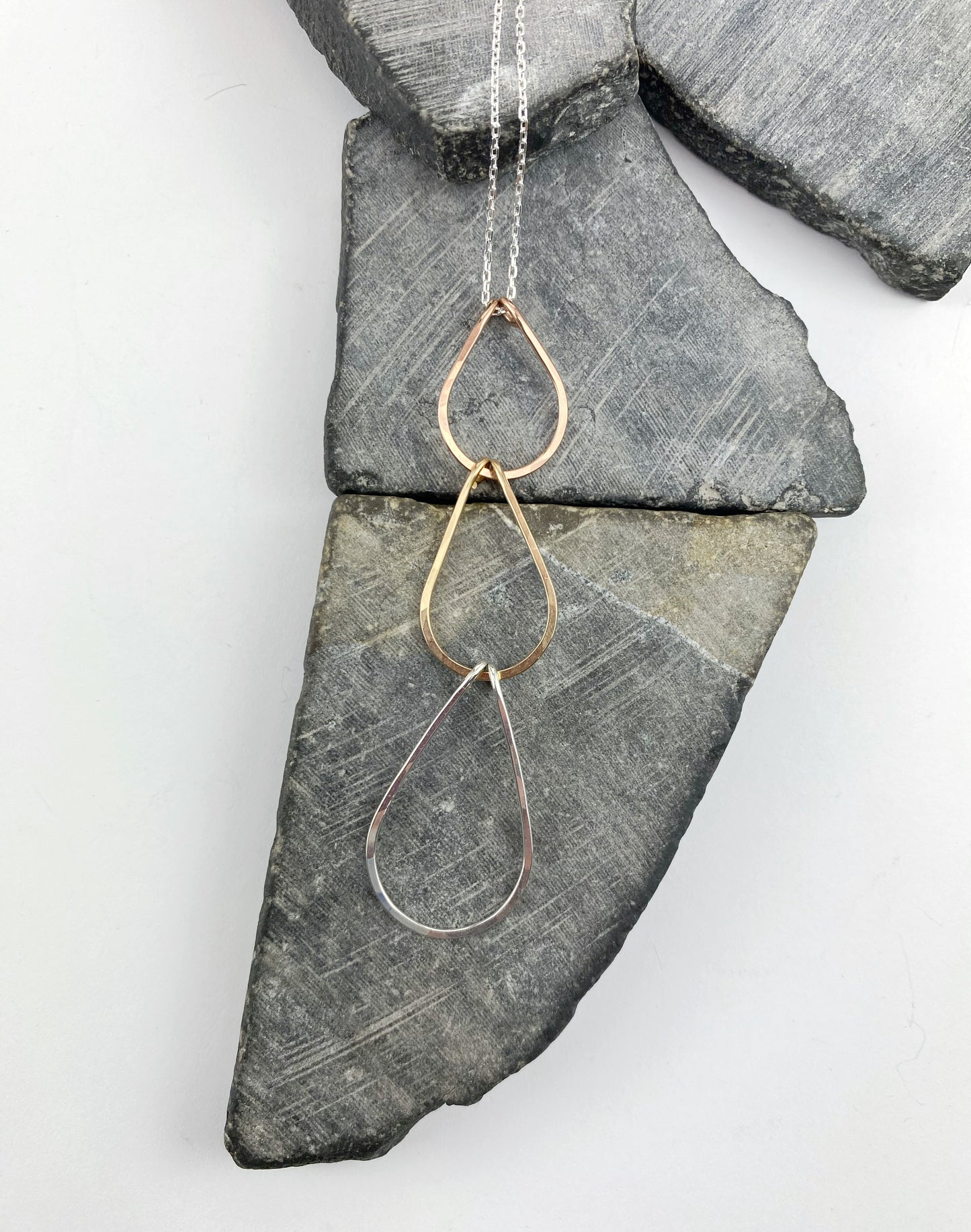 Mixed Metal Triple Teardrop Necklace | Waterfall Necklace | Geometric Necklace | Layering Necklace | Open Teardrop Pendant | Mixed Metal Pendant