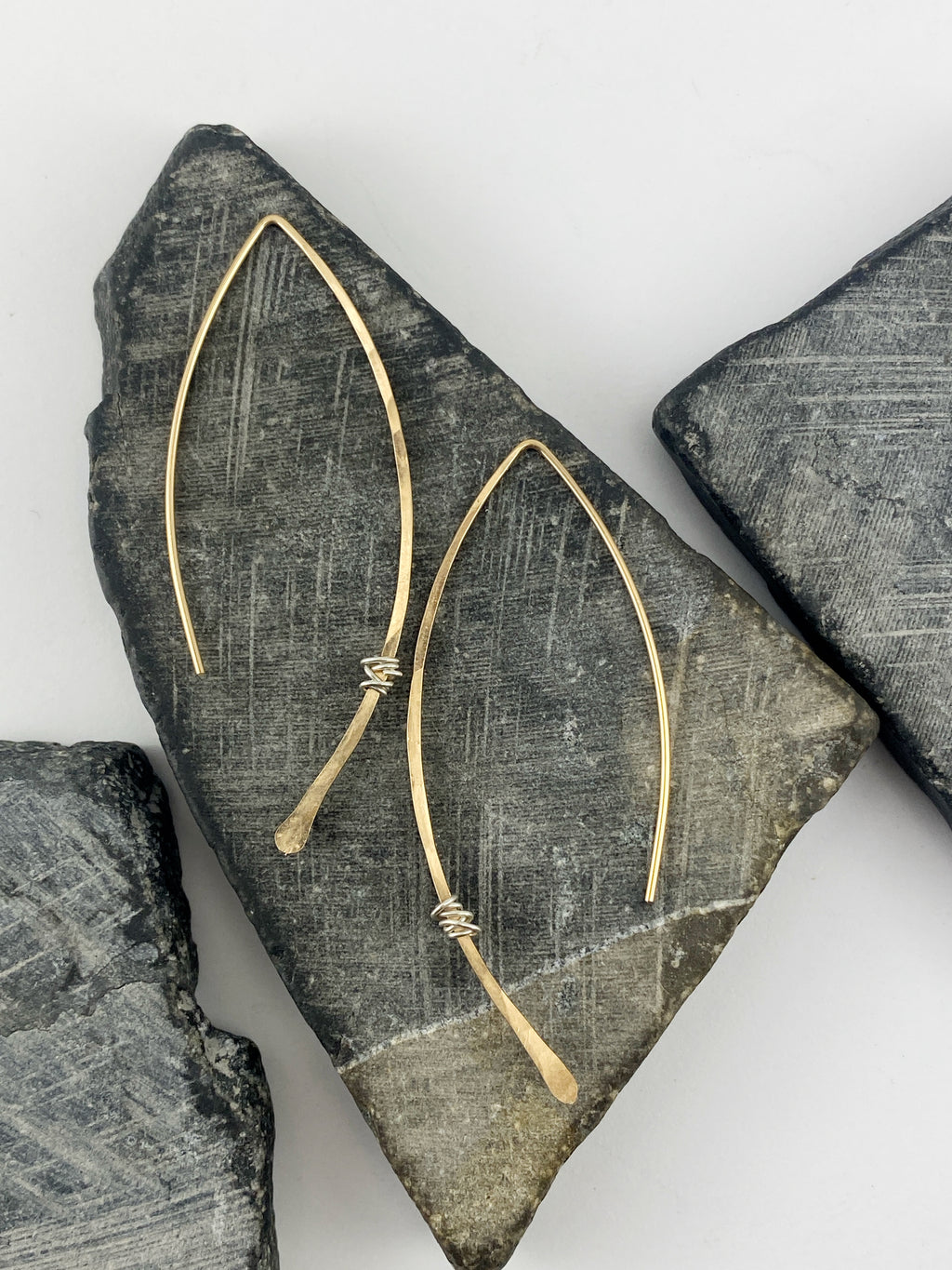 Hammered Gold and Sterling Silver Threader Earring | Arc Earrings | Open Hoops | Delicate Earrings | Dainty Open Hoops | Pull Through Earrings