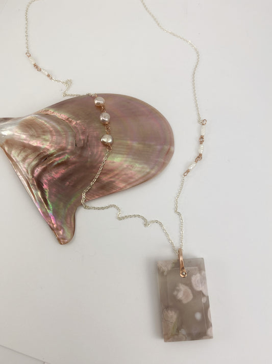 Cherry Blossom Agate Necklace with Freshwater Pearls