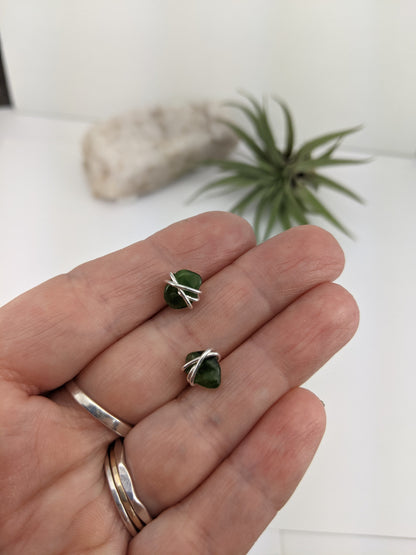 Sterling Silver Wrapped Jade Stud Earrings, Gemstone studs, natural jade, March birthstone, stone earrings,
