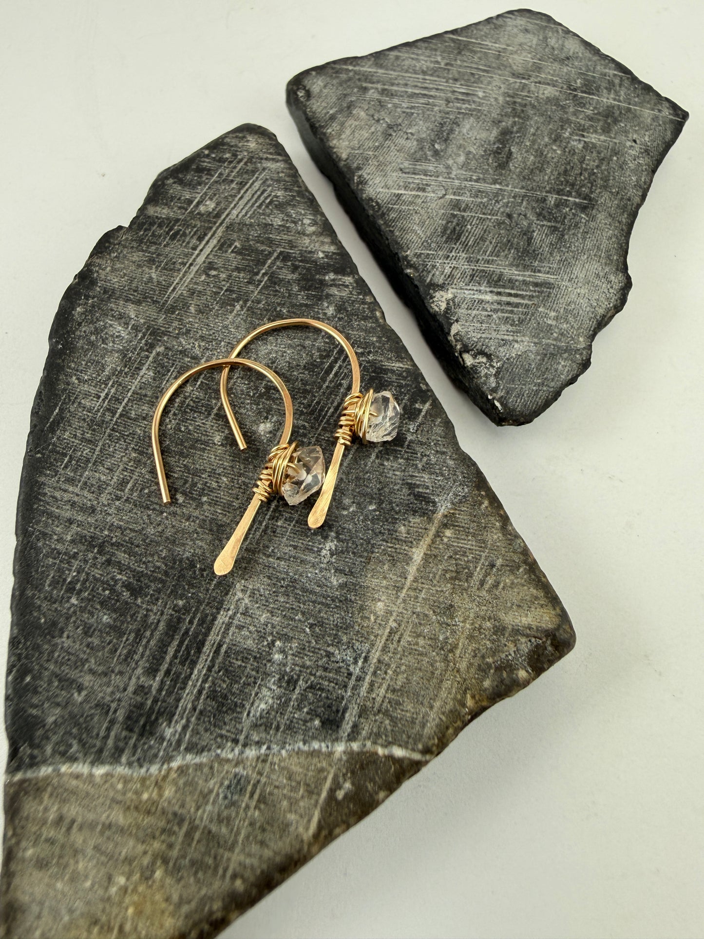 Gold Open Hoop Earrings with Herkimer Diamonds | Birthstone Earrings | Dainty Earrings | Gold Boho Earrings | Gold Hoops | April Birthstone | Arch Hoops | Simple Earrings | Open Hoops | Minimalist Earrings