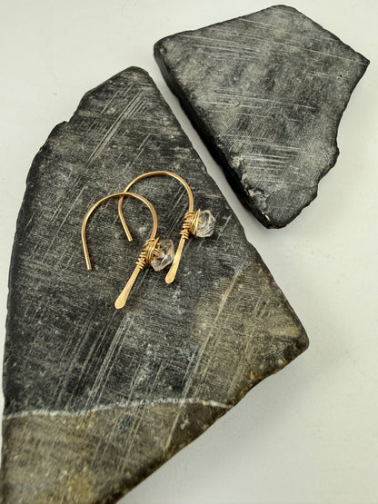 Gold Open Hoop Earrings with Herkimer Diamonds | Birthstone Earrings | Dainty Earrings | Gold Boho Earrings | Gold Hoops | April Birthstone | Arch Hoops | Simple Earrings | Open Hoops | Minimalist Earrings