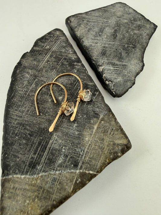 Gold Open Hoop Earrings with Herkimer Diamonds | Birthstone Earrings | Dainty Earrings | Gold Boho Earrings | Gold Hoops | April Birthstone | Arch Hoops | Simple Earrings | Open Hoops | Minimalist Earrings
