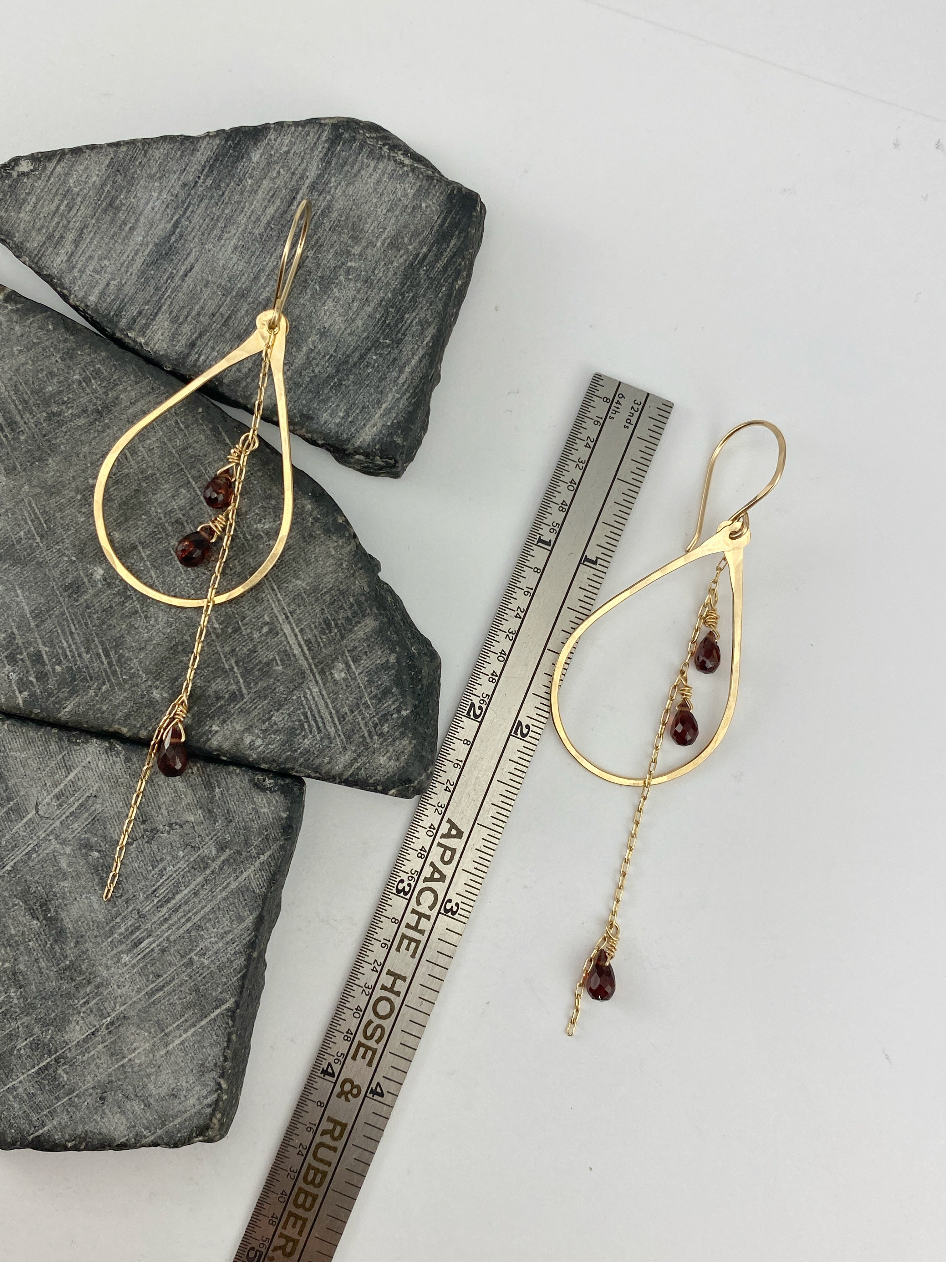 Gold Garnet Teardrop Hoops | Gold Teardrop Earrings | Teardrop Hoops | Geometric Earrings | Garnet Earrings | Minimalist Earrings | Boho Teardrop Earrings | 14 K Gold Fill | Birthstone Jewelry | January Birthday | Birthstone Earrings