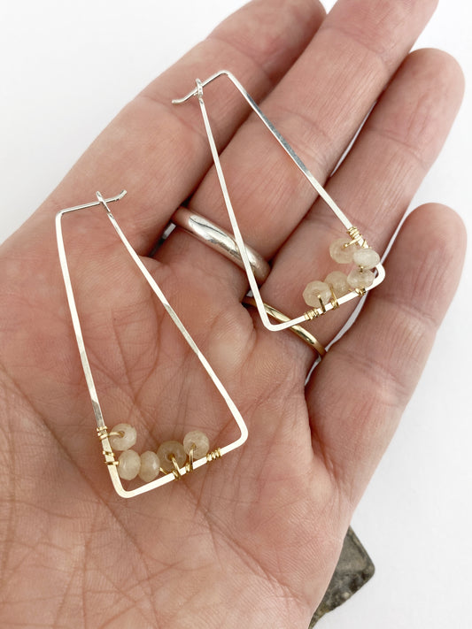Moonstone Trapezoid Mixed Metal Hoops | Geometric Earrings | Everyday Earrings | Minimalist Earrings | Boho Hoop Earrings | Trapezoid Earrings | Chocolate Moonstone | Mixed Metal Hoops