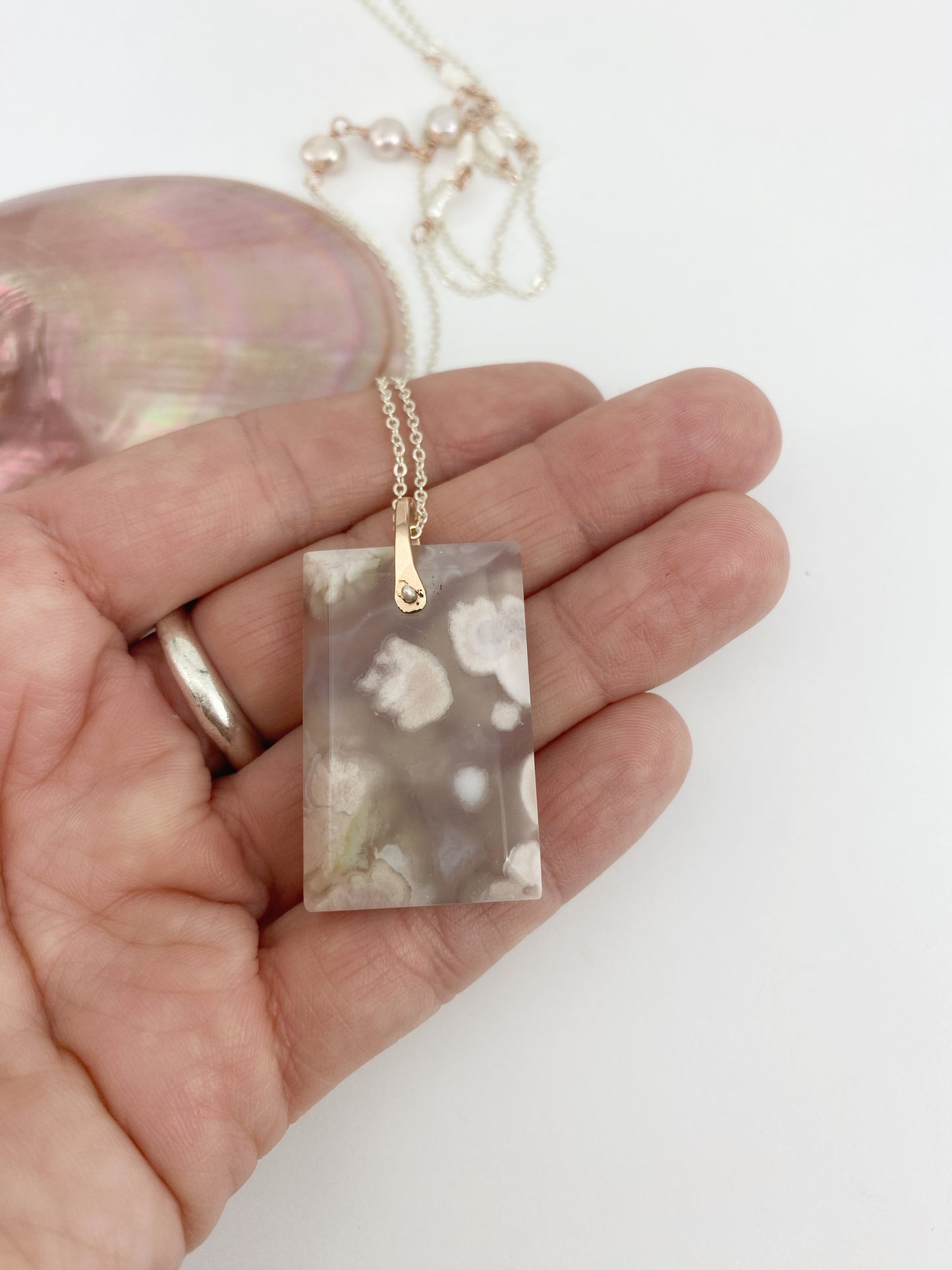 Cherry Blossom Agate Necklace with Freshwater Pearls