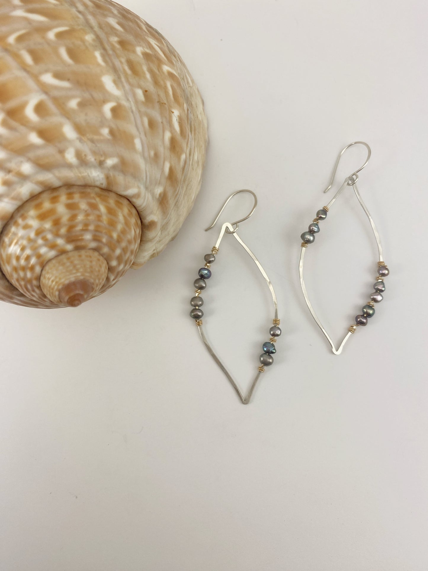 Mixed Metal Leaf Earrings with Platinum Grey Pearls