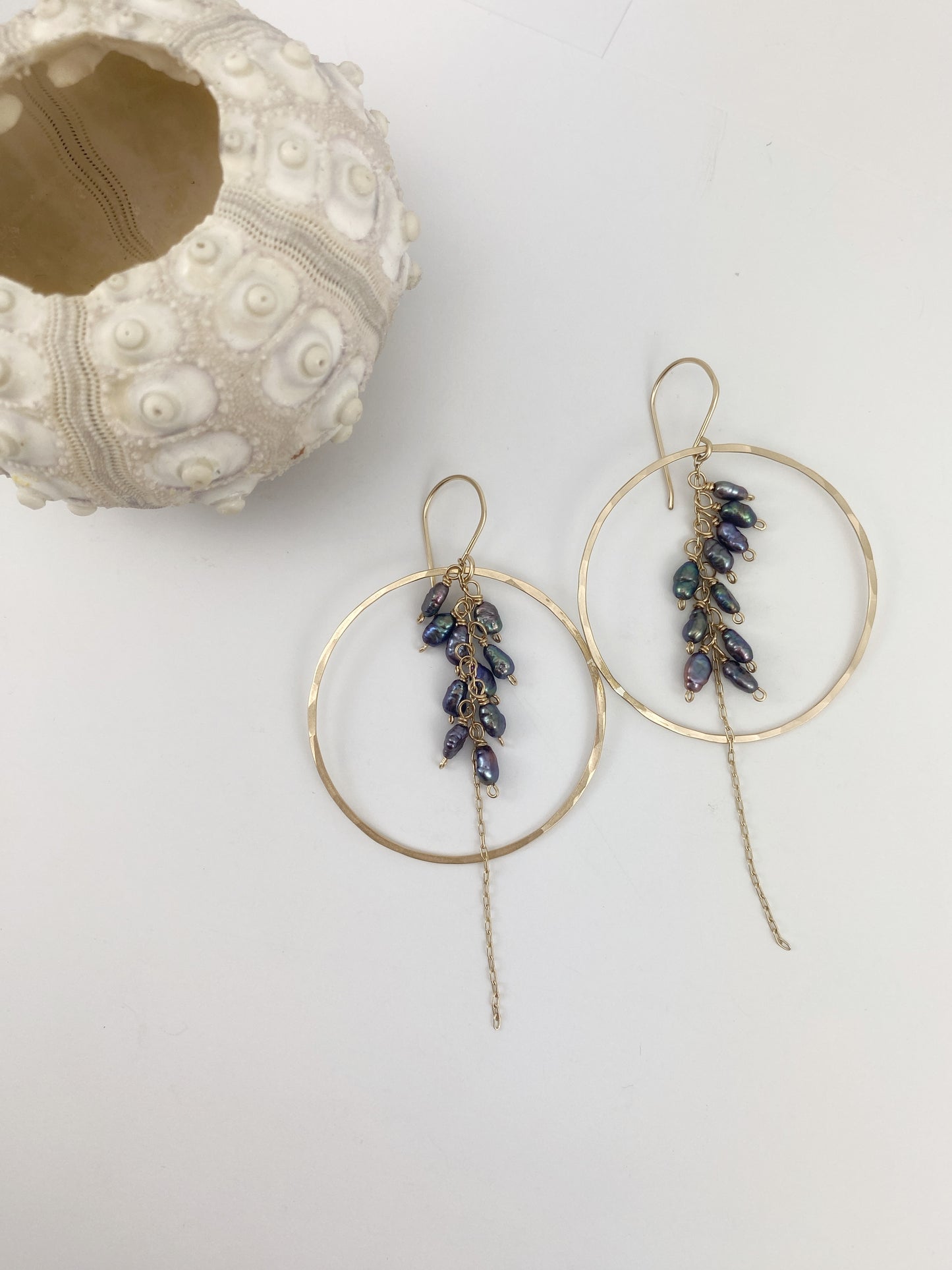 Gold Fringe Hoops with Purple Pearl Clusters